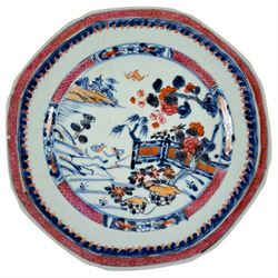 Chinese Qianlong plate of hexagonal form, decorated with riverside scene in a floral boarder D23cm