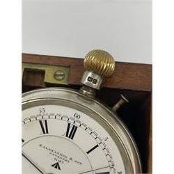 Early 20th century English lever deck watch c 1915-20 in a silver case with a 45mm enamel dial, Roman numerals, second/minutes track, steel spade hands and centre sweep seconds hand, three-quarter plate keyless movement with a jewelled balance cock and polished steel regulator, compensation balance with timing screws and steel overcoil balance spring, screwed cup jewelling and jewelled escapement pivots, dial and movement inscribed Alexander & Son, Coventry, No 91165.  Crown wound and pin set. Secured within a brass screwed mount and bezel (watch crystal and bow missing) in a rectangular mahogany box with a hinged velvet lined lid, with a circular unmarked bone plaque.