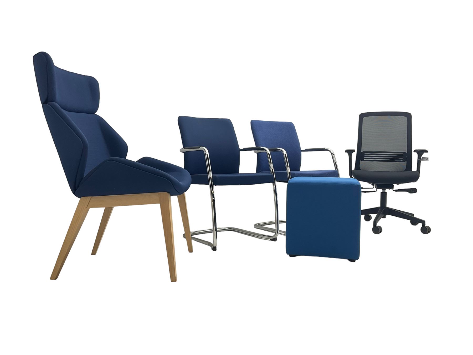 Elite - black office swivel chair (W61cm H98cm); together with Elite - pair office armchairs and high back office chair, upholstered in navy blue; and office cube