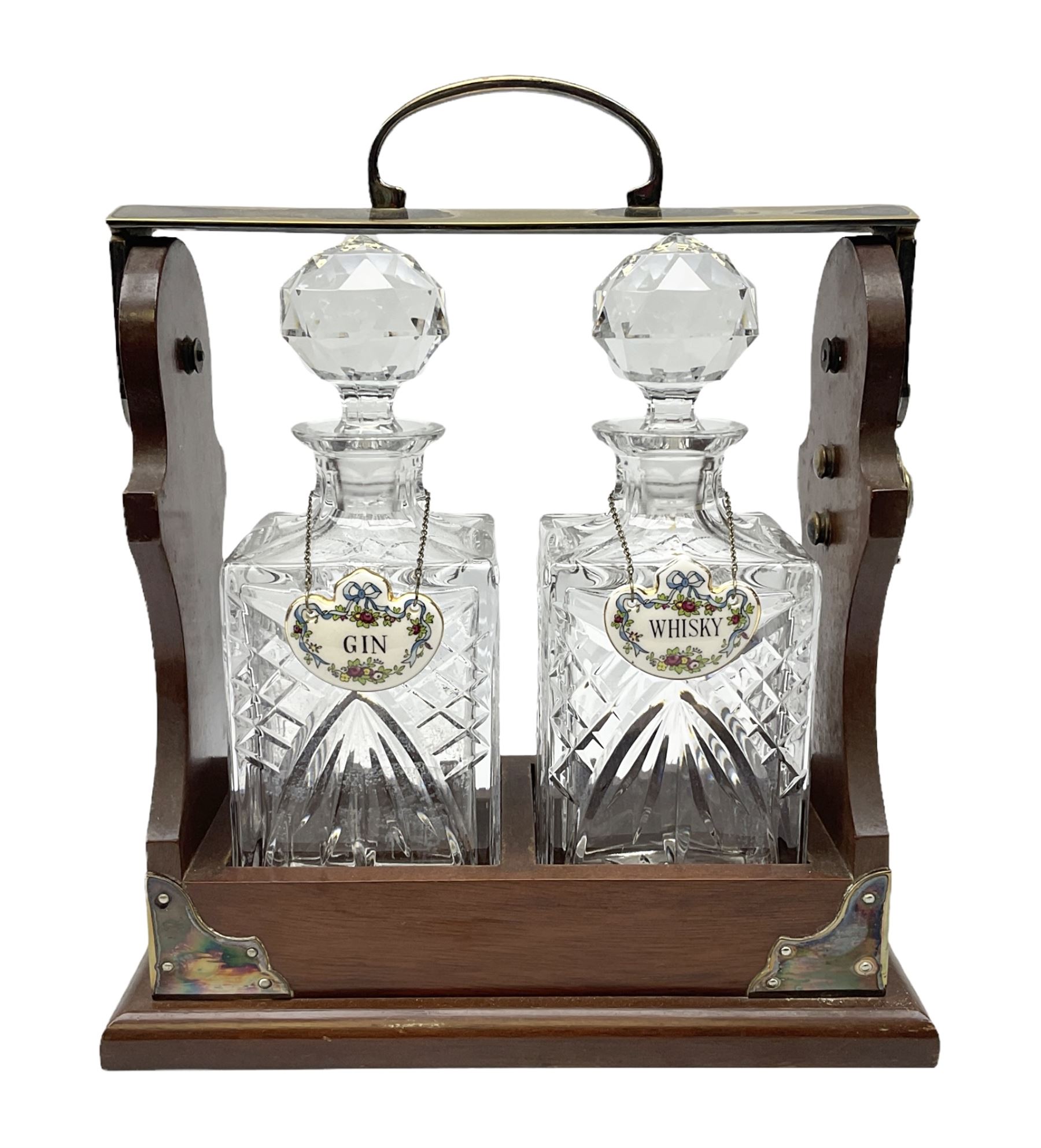 Late 20th century mahogany and silver plated two cut glass decanter tantalus, marked PB&S, with Whisky and Gin Crown Staffordshire ceramic decanter labels, H32cm