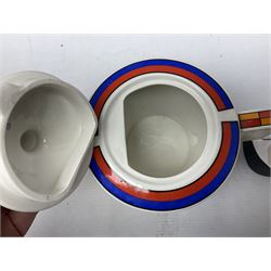 Novelty ashtray modelled as bald headed singer, the base entitled `By the light of the silvery moon...' together with a Sadler teapot of Clarice Cliff Farmhouse pattern style