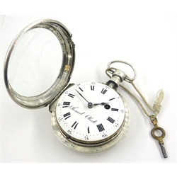  19th century French verge pocket watch by Samuel Oberli, the gilt metal chain driven escapement with baluster pillars, white enamel dial with Roman numerals, engine turned inner case engraved 