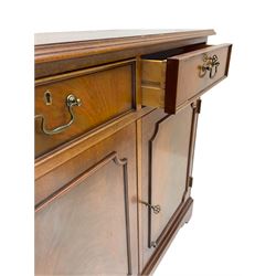Reproduction mahogany side cabinet, moulded rectangular top over two drawers and double cupboard, bracket feet