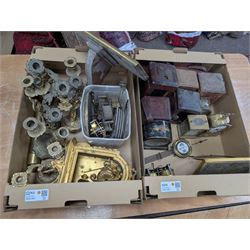 Collection of leather carriage clock cases, brass mantle clocks and parts, brass candlesti...