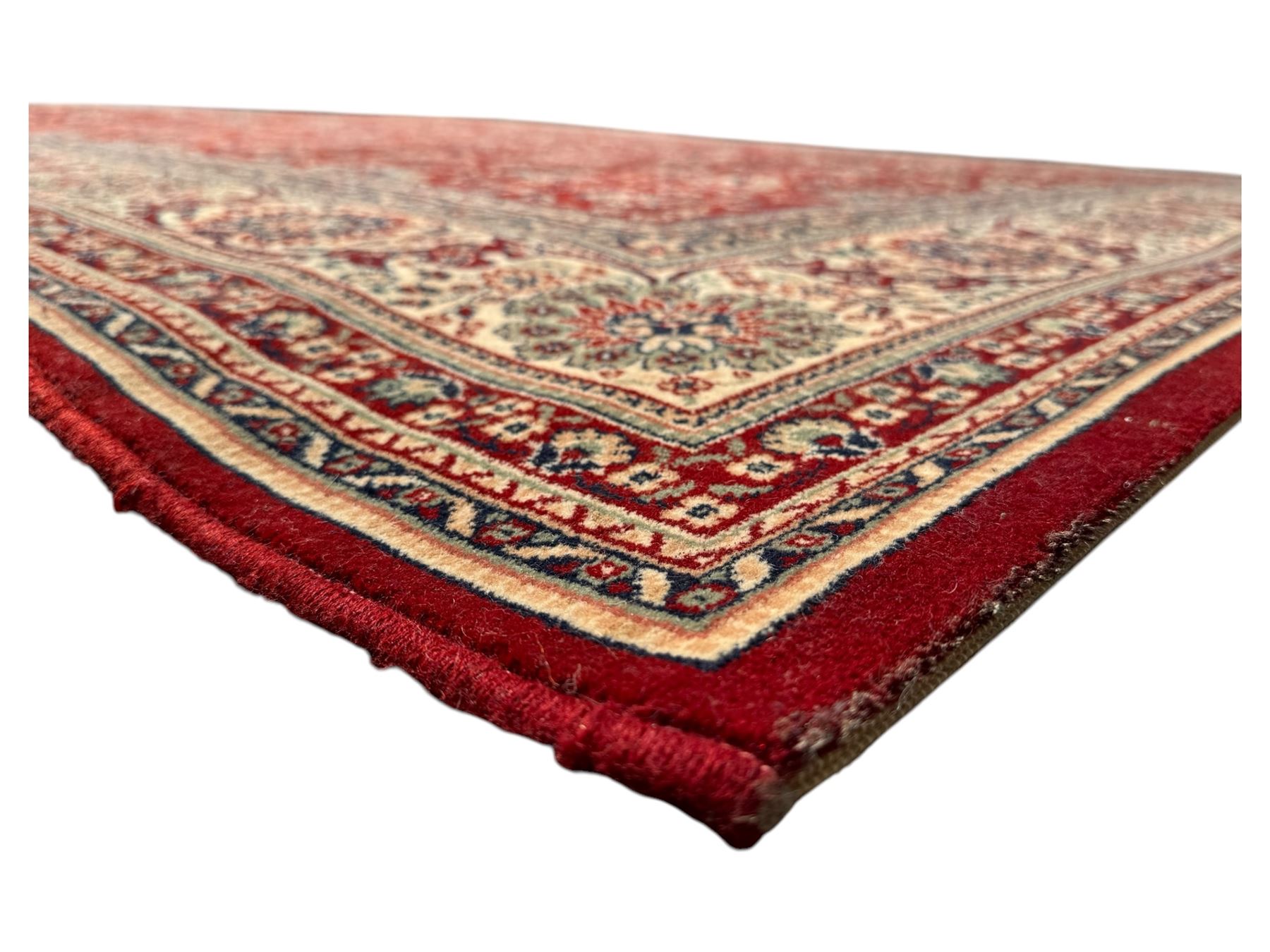 Royal Kashmir worsted wool modern Persian design area rug, with crimson field and stylised rosette patterning throughout, surrounded by wide multi-band border incorporating cartouche and lotus flower motifs