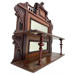 19th century mahogany wall hanging mirror back, gallery top top with carved foliate decoration, fitted with two shelves with turned supports, two bevelled mirror panels