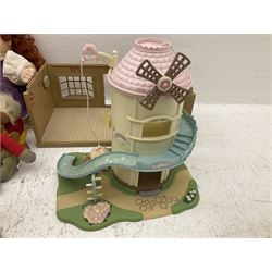 Quantity of stuffed toys and dolls to include Teddy Ruxpin, Cabbage Patch, Troll doll, and a quantity of plastic toys including Sylvanian Families Country School etc, in two boxes