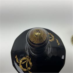 19th Century Bohemian amethyst glass lidded goblet, the bowl of faceted form, gilded with three children in period dress playing games, upon a knopped stem and conforming faceted foot, together with an art nouveau green glass goblet, with gilded rim, upon clear trumpet stem, and a hand blown wine glass, transfer printed with birds and three figures in period dress, tallest H29cm