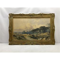George Arthur Fripp (British 1813-1896): Landscape with Cattle Sheep and Figures, watercolour heightened in white signed and dated 1842, 55cm x 91cm