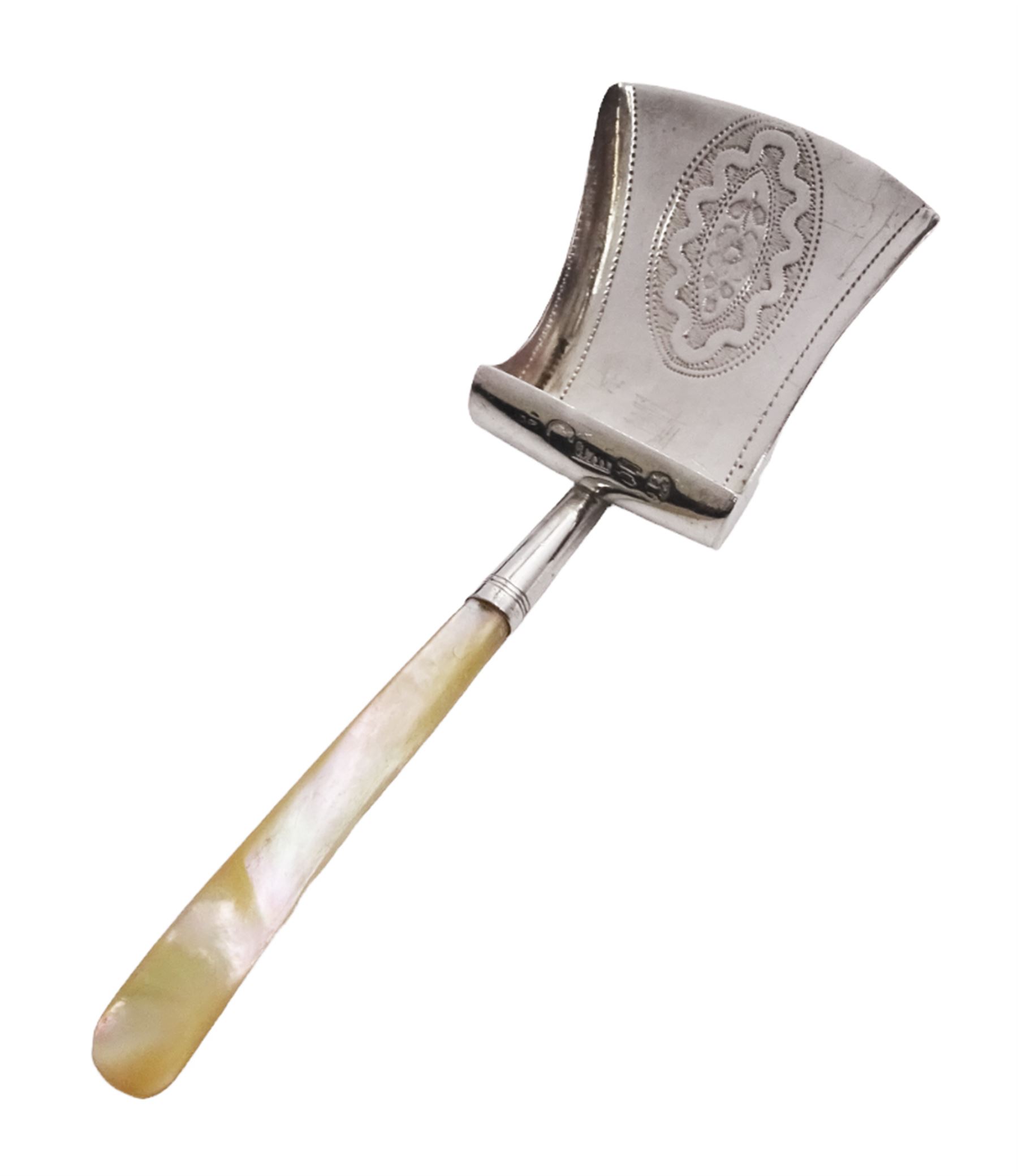 George III silver caddy spoon, of shovel form, with engraved foliate decoration and mother of pearl handle, hallmarked William Pugh, Birmingham 1809