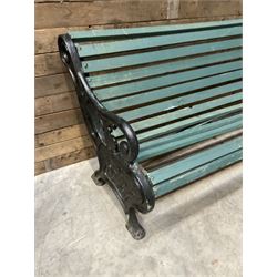 Early 20th century slatted garden bench with scrolling cast iron bench ends