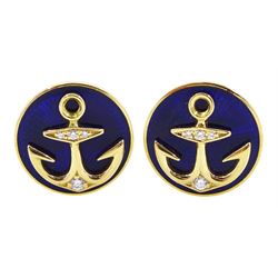 Victor Mayer for Faberge pair of 18ct gold diamond and blue enamel anchor cufflinks, limited edition No.16/1000, stamped 750, boxed with certificate