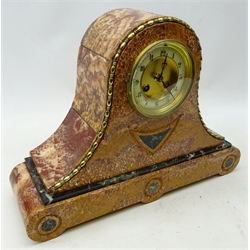  Victorian Rouge marble mantel clock, arched top case with brass bead detail and circular Arabic dial, twin train Japy Freres movement stamped 432269, striking the half hours on a bell, H32cm, W43.5cm, D13cm  