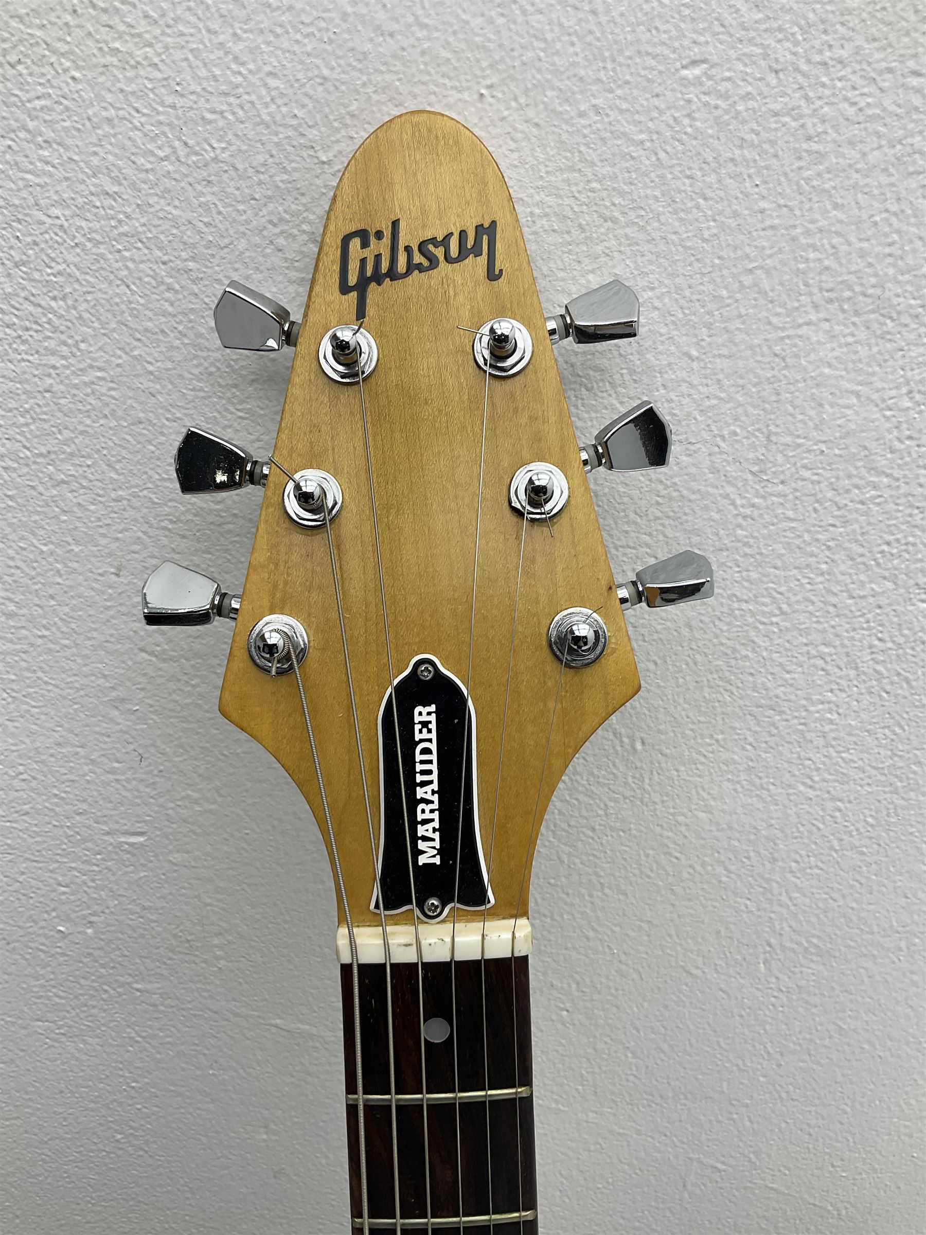 Gibson Marauder style six-string electric guitar with cherry coloured body, marked made in Japan L101cm; in locking hard carry case