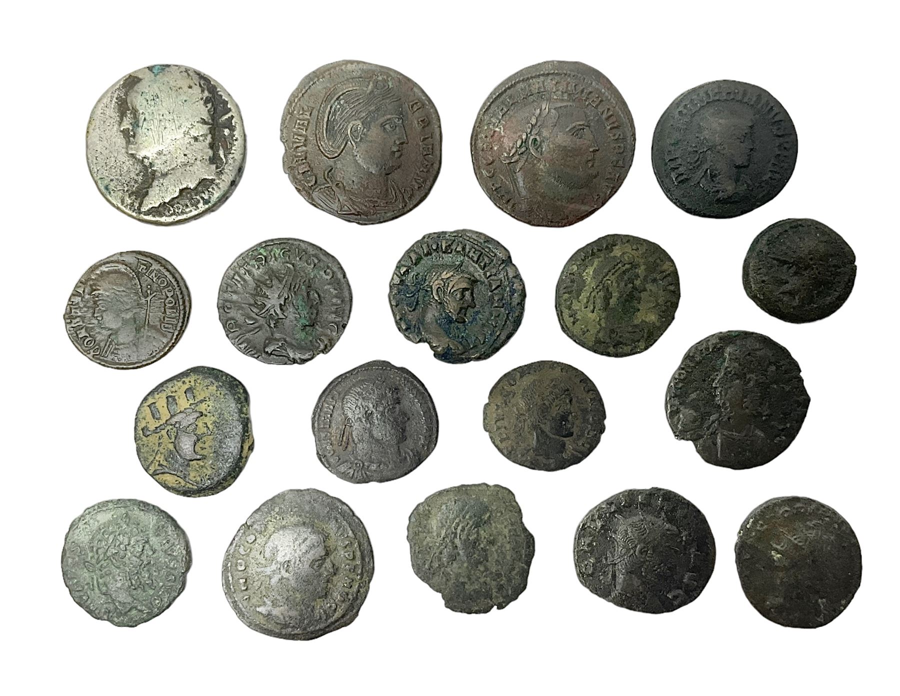 Ancient Roman Coinage, group of seventeen bronze and copper-alloy coins to include Maximianus and Galeria Valeria, along with an unidentified 76% silver round, overall weight 14g