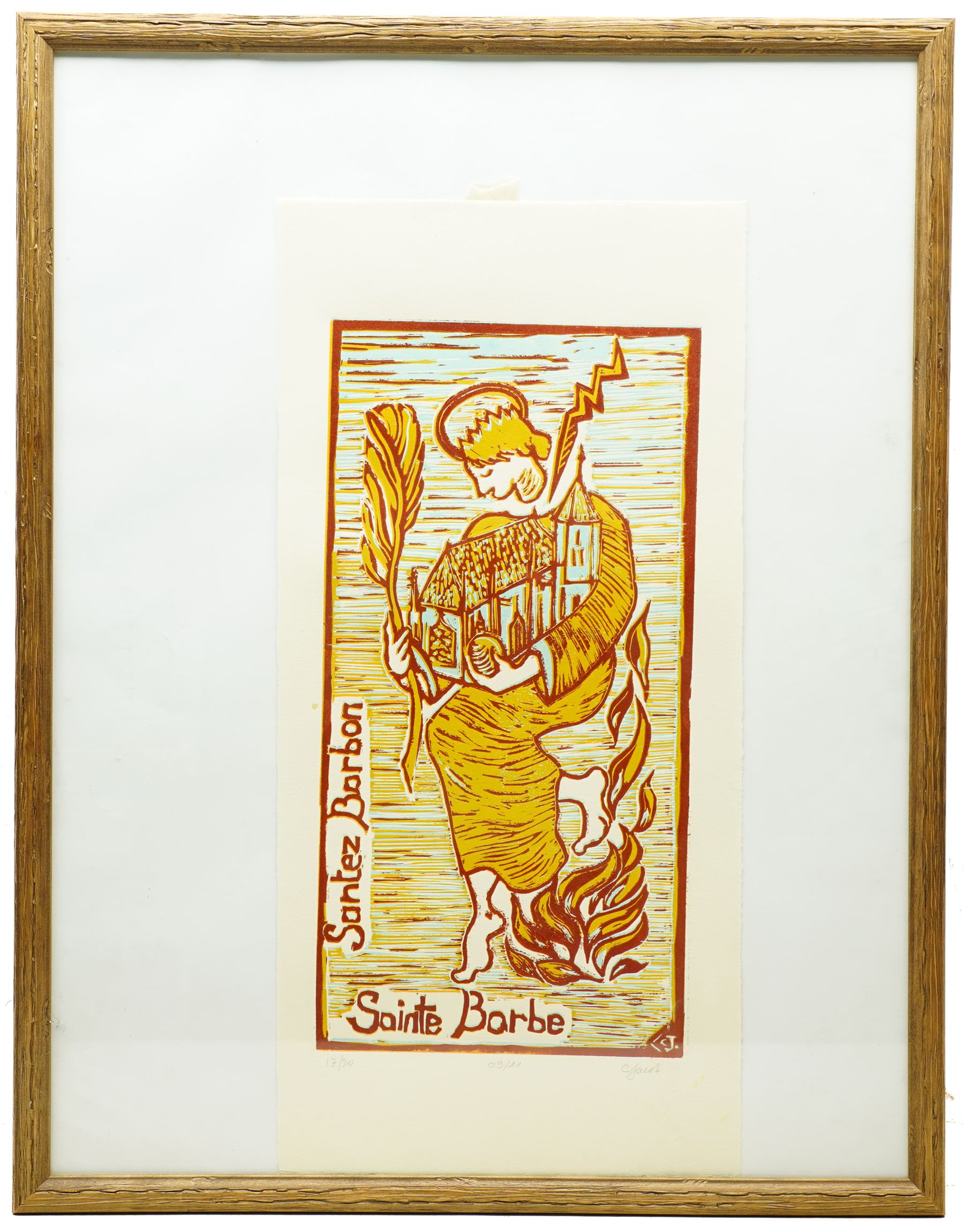 Manner of Jean Chièze (French 1898-1975): 'Santez Barbon' or Saint Barbara, limited edition woodblock print indistinctly signed and numbered 17/20 in pencil, 42cm x 21cm 