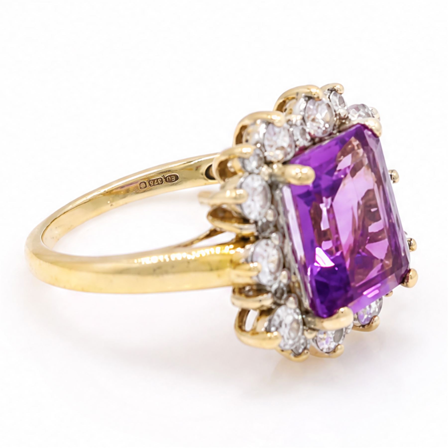 9ct gold amethyst and cubic zirconia cluster ring, hallmarked