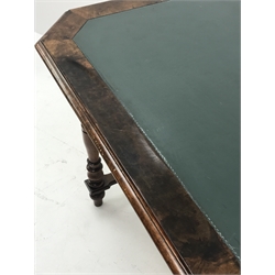19th century walnut table, the canted moulded top with leather insert, four turned supports connected by H stretcher, on turned feet, 108cm x 70cm, H75cm