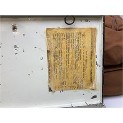 WW2 British Army RAMC 'Regimental Medical Pannier', well marked externally and dated 1941, stamped May 1943 internally, canvas covered wicker form with leather edges, hinged top and fall front with two rope carrying handles, fitted iron locking straps with securing chains; contains various unused field dressings and bandages with WW2 dates and two pillows; original label under lid L79cm