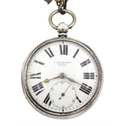 Victorian silver open face key wound lever pocket watch by L. Hinchcliffe, Hope Street, Filey, No. 67874, white enamel dial with Roman numerals and subsidiary seconds dial, case by Samuel Yeomans, Chester 1893, on white metal Albert chain with silver fob
