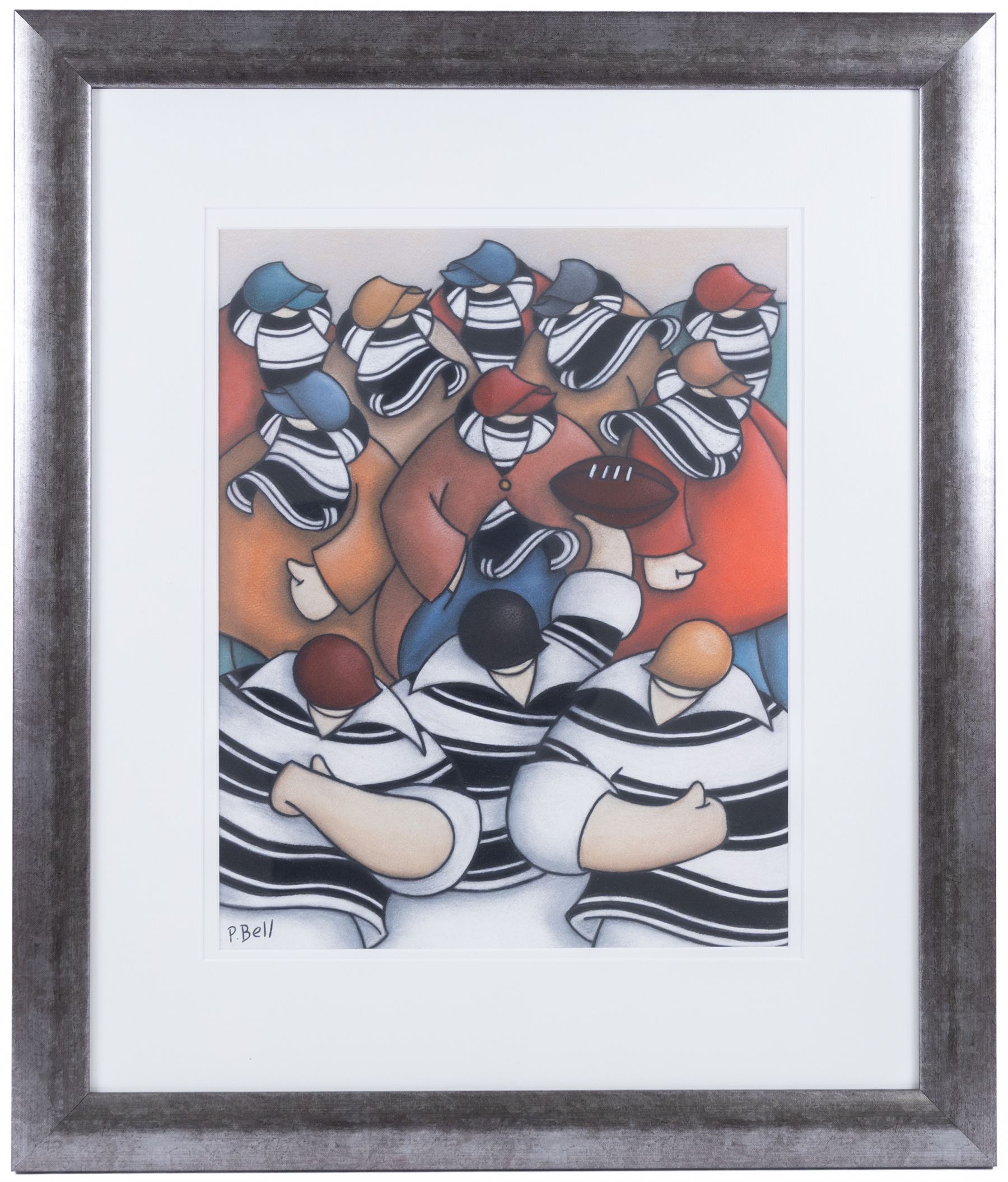 Peter Bell (Hull Contemporary): Rugby Players and Crowd, pastel signed 48cm x 37cm 
