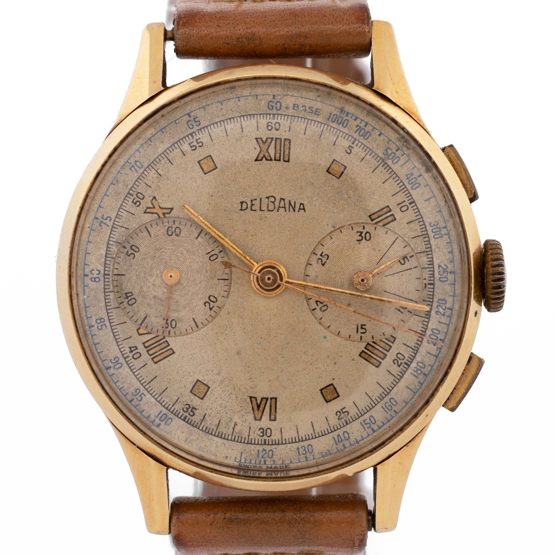 Delbana gentleman's 18ct gold manual wind chronograph wristwatch, circa 1950, dial with square and Arabic hour markers, subsidiary dials at 3 and 9 for seconds and 30 minute recording, stamped 18K 750 with Helvetia hallmark, on brown leather strap