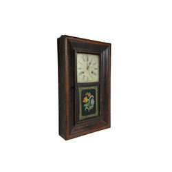 Jerome & Co - American late 19th century 30 hr weight driven mahogany wall clock, with deep ogee moulding and glazed door with a painted tablet,
Painted dial with Roman numerals and Maltese cross hands, twin train movement, striking the hours on a coiled gong. With weights and pendulum.