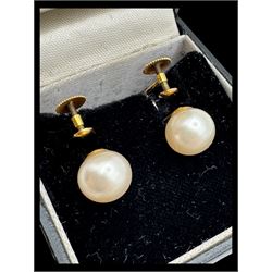 Pair of 9ct gold faux pearl screw back earrings, silver jewellery including brooch, ring and horseshoe charm and a collection of gemstone bead necklaces, two with 9ct gold clasps