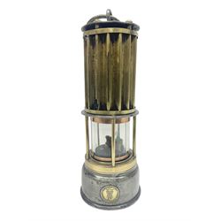 Miners lamp, with markers plaque 'The Premier Lamp, Leeds', with brass corrugated effect, H26cm