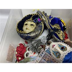 Collection of decorative Venetian masks together with other collectables, in two boxes 