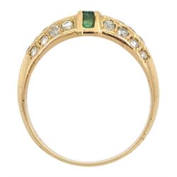 18ct gold calibre cut emerald and diamond ring, stamped