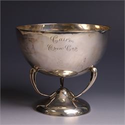 Art Nouveau silver trophy cup, engraved circular bowl upon three naturalistic curved supports,and a circular foot, engraved 'Cairo's Open Cup' to body, H11cm