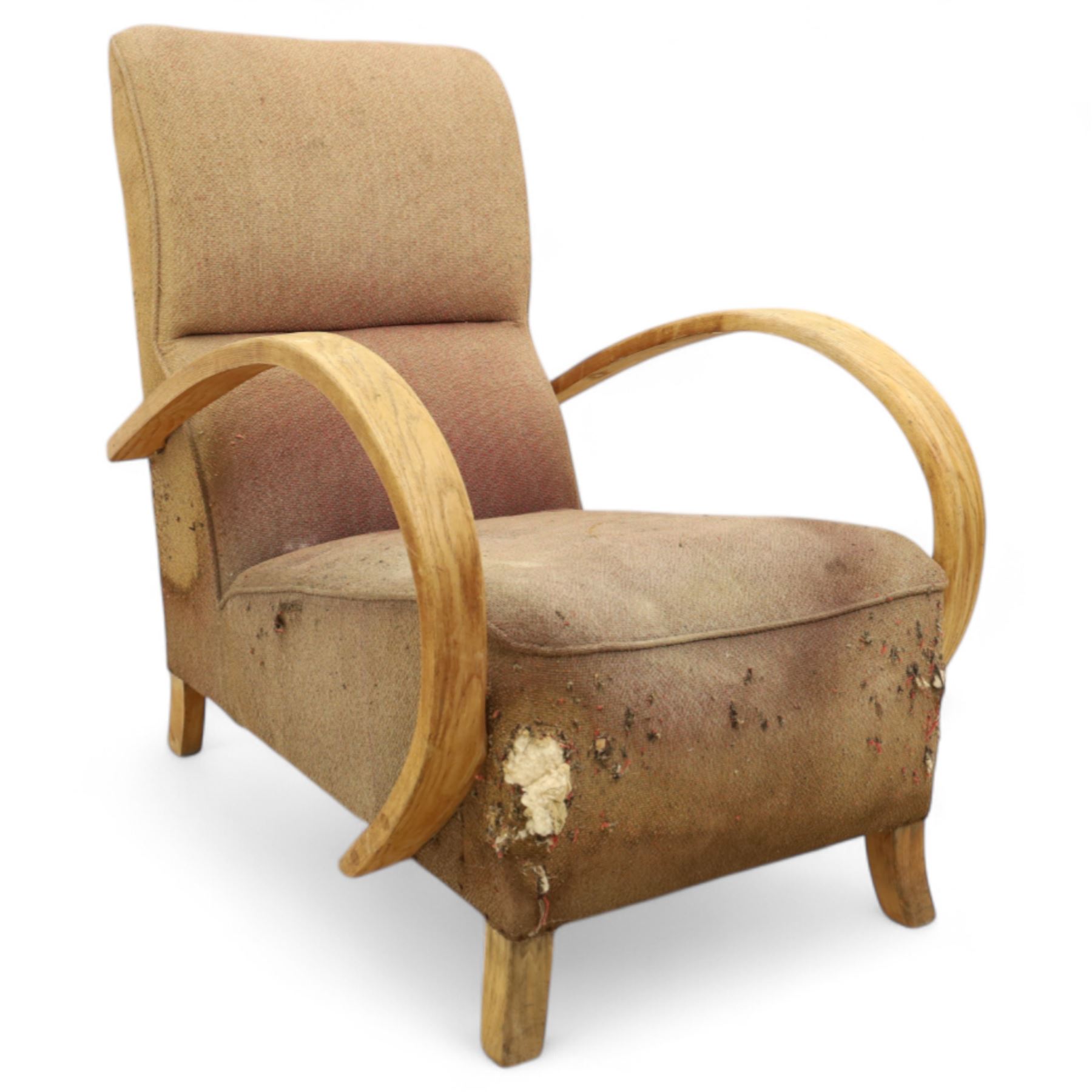  1930s Art Deco bentwood armchair, with sprung seat and arched laminated arms, upholstered in original pink-brown wool fabric, raised on square supports