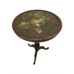 Early Victorian rosewood tripod pedestal table, circular moulded top hand painted with flowers and birds on slate, on tapered hexagonal column with carved acanthus leaf baluster, three splayed supports carved with foliage and scrolling terminals 