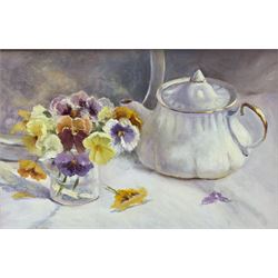 Iris Collett (British 1938-): Still Life of Flowers and a Teapot, oil on board signed 30cm x 45cm
Provenance: from the second and final part of the artist's studio sale collection