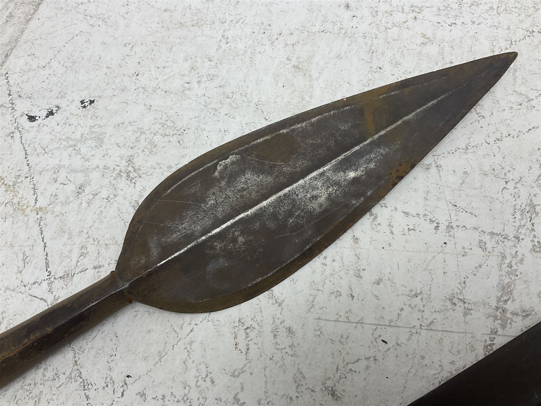 Native long-shafted spear, the large iron head with central medial ridge and decorative neck, on plain circular haft L260cm; and another similar Native long-shafted spear with cane haft L249cm (2)