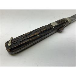 Hunting knife by J Nowill & Sons, Sheffield, the handle inset with mother of pearl, blade length 19cm; George Wolstenholme IXL lock-knife with antler scales L29cm open; and another Bowie style hunting knife marked 'V.R. Warranted Sheffield Joseph Ellis & Sons' in leather sheath (3)