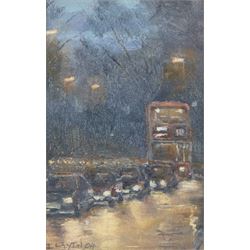 Ian Layton (British 1953-): 'Rain & Rush Hour London', oil on board signed and dated '04, ...