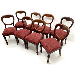 Set eight Victorian mahogany balloon back dining chairs, upholstered drop in seat, turned tapering supports 
