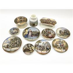 Ten Victorian and later coloured pot lids, two with bases, including 'The Village Wedding', 'The Rivals', 'The Wolf and the Lamb', 'The Rivals', 'War', etc. 