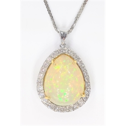 18ct natural opal and diamond cluster pendant necklace stamped 750, opal approx 11ct