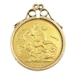 King Edward VII 1904 gold full sovereign coin, Pert mint, loose mounted in 9ct gold pendant, hallmarked