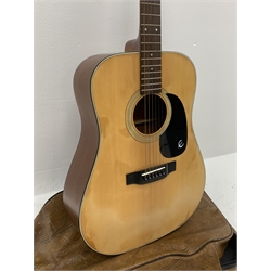 Epiphone Model FR100 acoustic guitar with mahogany back and ribs and spruce top, bears label, serial no.060016, L105cm, in soft carrying case.