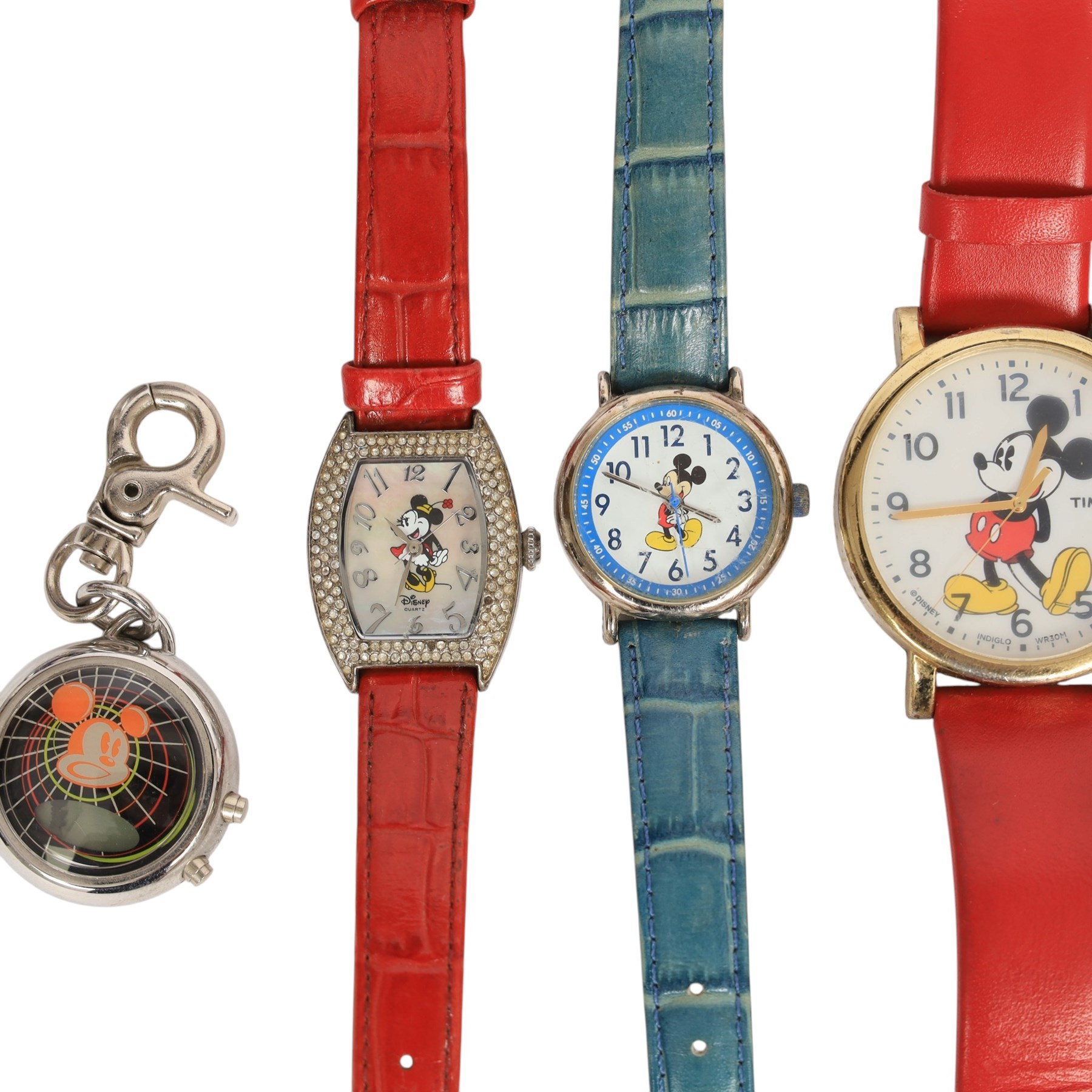 Six Disney Mickey/Minnie Mouse watches, two Mickey Mouse ring watches and a clip on stop watch