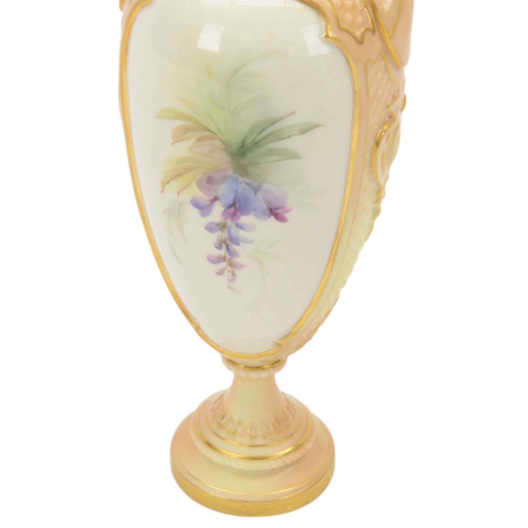 20th century Royal Worcester twin handled pedestal vase, the panels decorated with wisteria and signed Cole, with puce printed mark beneath, H27cm