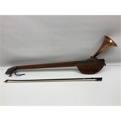 Fruitwood and elm single string phono fiddle with long neck and copper horn L76cm; and a violin bow (2)