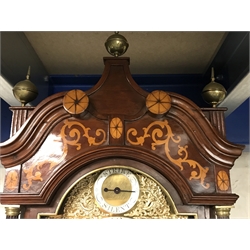 Early 19th century inlaid and cross banded mahogany London style longcase clock, brass arched dial, Roman and Arabic numerals, second and month subsidiary, lattice spandrel, eight day movement, automatic night time silent and strike mode, H242cm (two weights and pendulum)