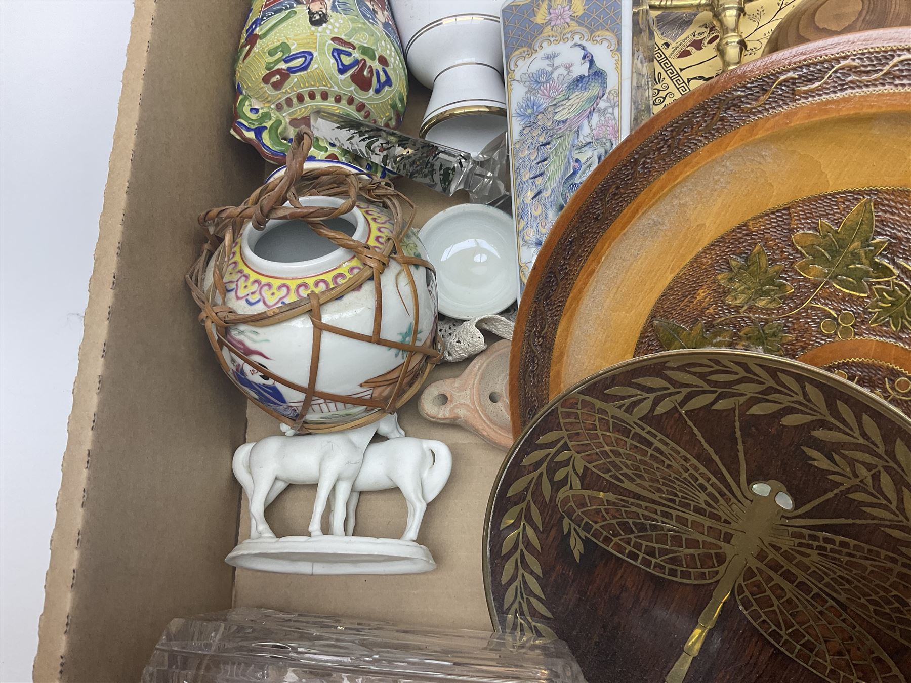 Set of metal weighing scales, pair of Chinese style ceramic table lamps, blue and white ceramics, oriental ceramics and a collection of other glassware, metal ware and collectables, in five boxes 