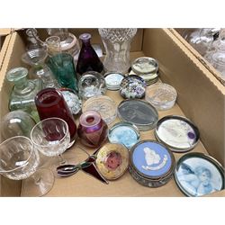 Millefiori paperweight, together with Caithness paperweight, Isle of Wight vase, cranberry glass tumblers, claret jug, decanters and other glassware, in three boxes 
