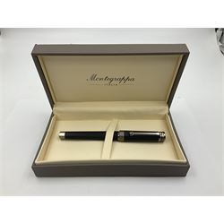Montegrappa NeroUno fountain pen, the black barrel and cap of octagonal form with dark chrome mounts and clip with roller, and white gold nib stamped 18K 750, in box, L14cm